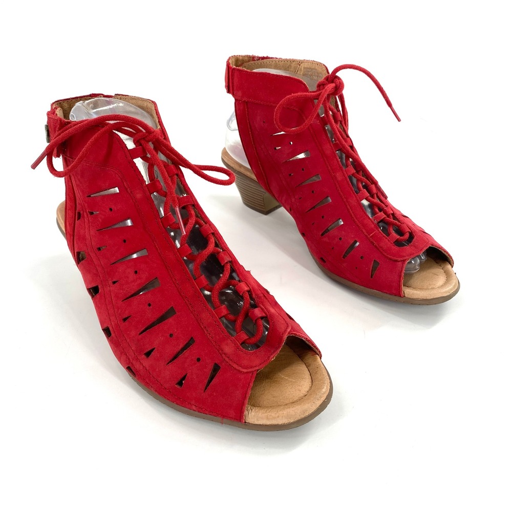 Earth Kristen Red Suede Lace Up Peep Toe Block Heel Booties Women's Sz 9 Wide